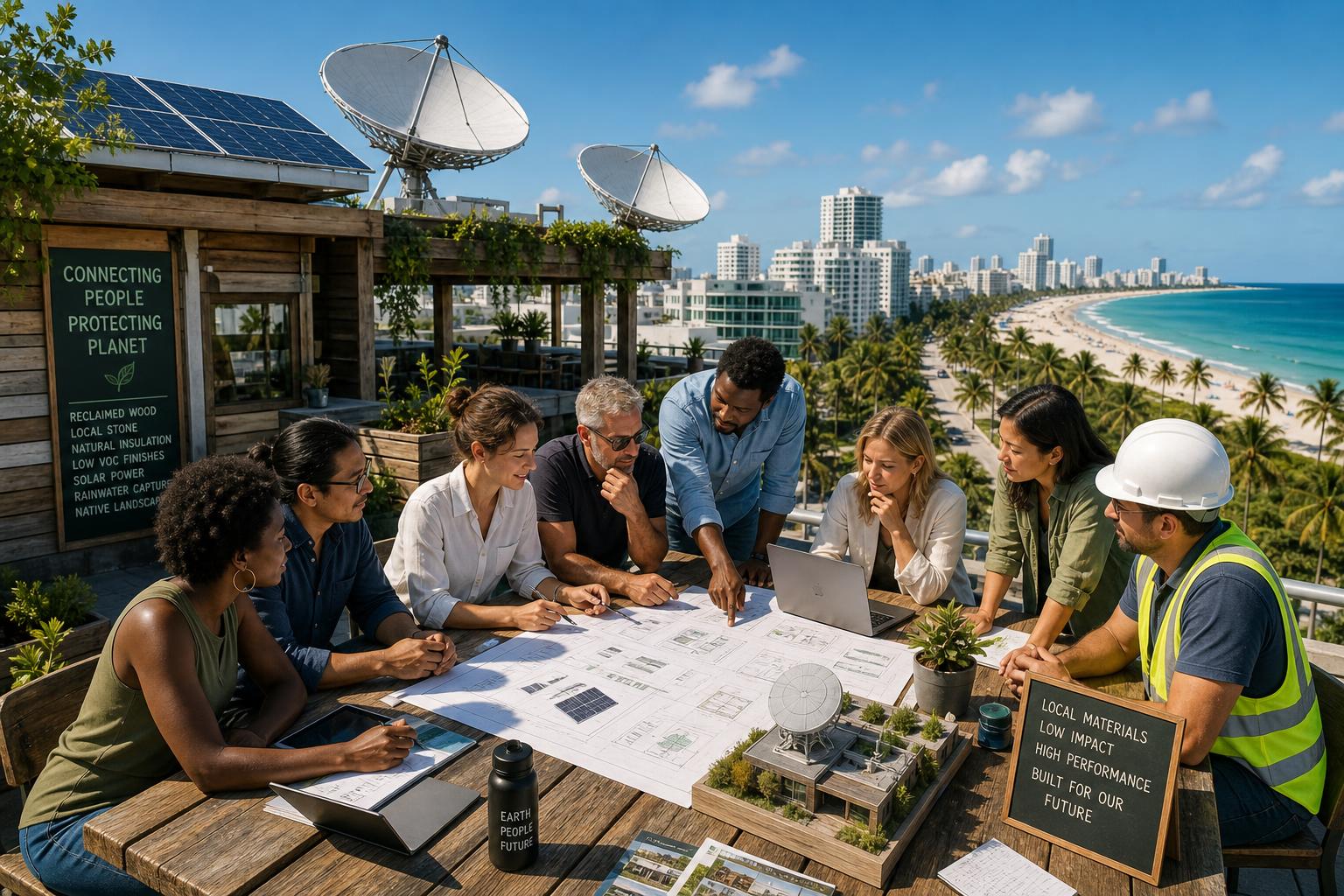 Diverse team of scientists and engineers reviewing eco-friendly satellite designs on a rooftop in Miami