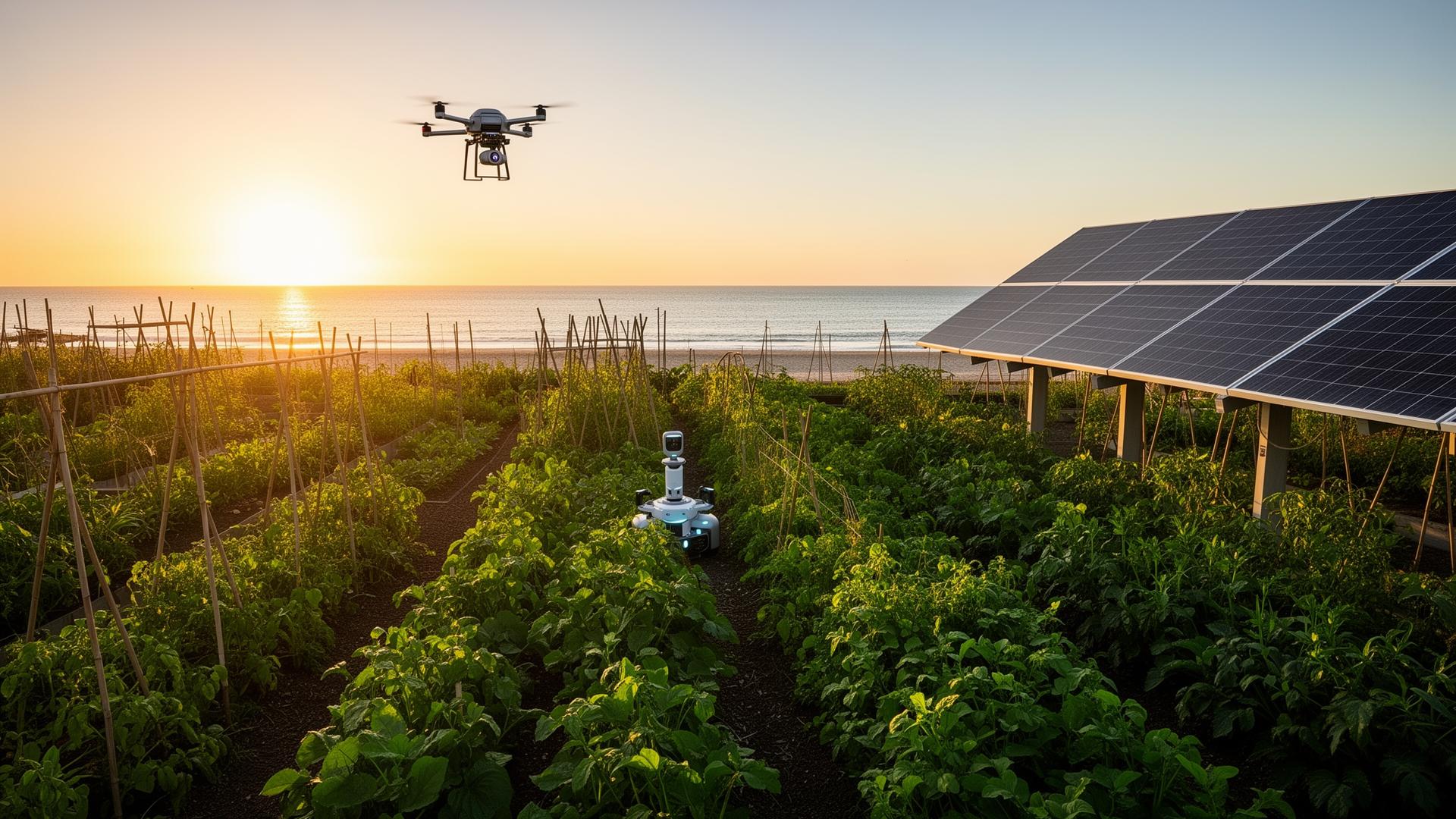 Community garden with solar panels near the beach at sunrise