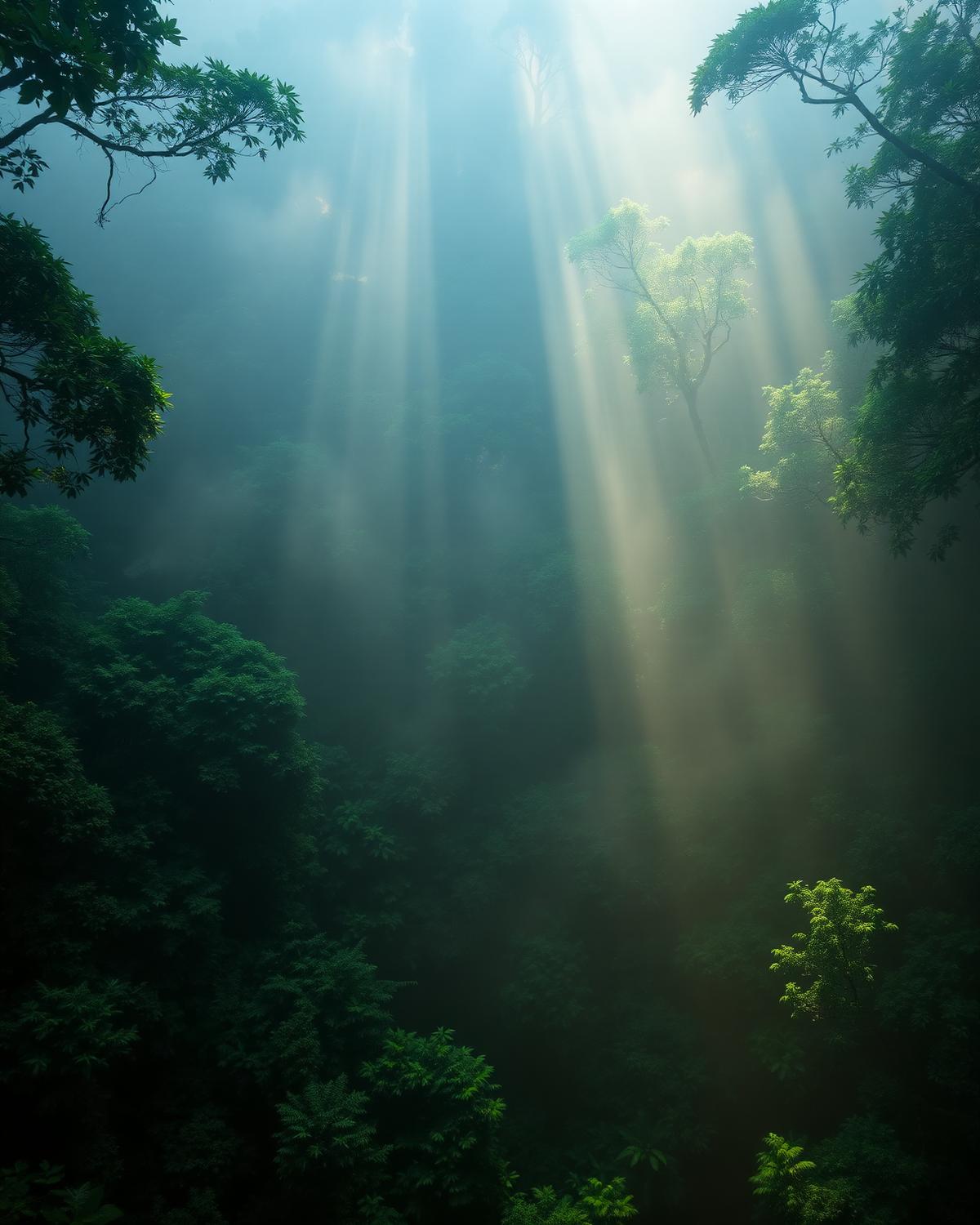 Misty forest canopy with sun rays