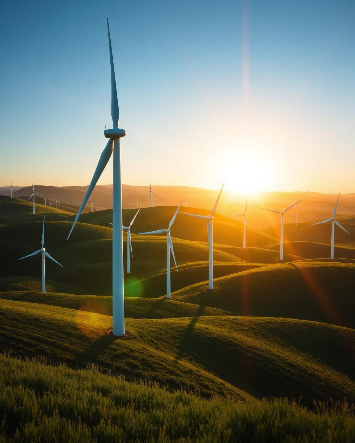 Wind turbines on rolling green hills at sunset